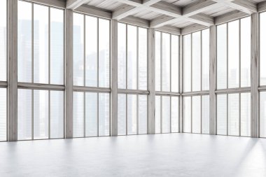 Beton zemin, ahşap tavan ve bulanık cityscape ile uzun boylu windows boş oda köşesinde. 3D render