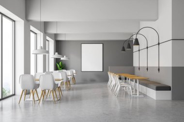 Gri ve beyaz duvarlar, beton zemin, kare tablolar yakınındaki gri kanepeler ve ahşap masa yakınındaki beyaz sandalye ile modern café iç. Dikey poster. 3D render alay