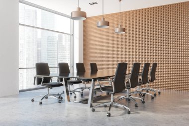 Toplantı Salonu beyaz ve elmas desen duvarlar, beton zemin, siyah sandalye ile uzun siyah tablo ve büyük bir pencere ile office köşesinde. 3D render