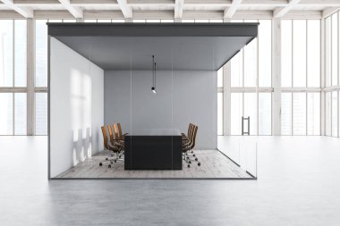 Toplantı salonu ile beyaz ve cam duvarlar, beton zemin, kahverengi sandalye ile uzun siyah tablo office lobiden görüldüğü gibi office yan görünüm. 3D render