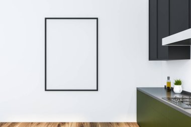 Beyaz duvarları, ahşap zemin, gri dolapları ve lavabo ve fırın ile yeşil mutfak tezgahı ile modern mutfak iç. Dikey poster duvara. 3D render alay