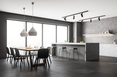 Beton duvarlar, kiremitli kat, gri ve beton sayaçları ve dışkı ile gri çubuğu ile panoramik mutfak köşesinde. Ahşap masa gri sandalye ile. 3D render