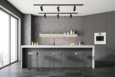 Beton duvarlar, kiremitli kat, gri ve beton sayaçları ve gri bar tabureleri ile panoramik mutfak kapatın. 3D render