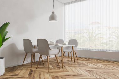 Beyaz duvarları, ahşap zemin ve beyaz ile modern restoran köşesinde ve ahşap masa ayakta beyaz ve ahşap sandalyeleri. 3D render