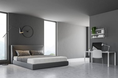 Gri duvarlar, beton zemin, o ve ev ofis bilgisayarı ile yukarıda asılı saatleri ile ana yatak yatak köşesinde. 3D render