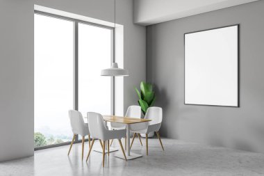Çatı Cafe köşe Gri duvarlar, beton zemin, beyaz sandalyeleri ahşap masa ayakta. Dikey poster duvara. 3D render alay
