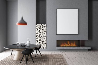 Gri duvarlar, ahşap zemin, siyah sandalye ile yuvarlak masa ve dikey posterinde ile bir şömine ile modern yemek odası iç. 3D render alay