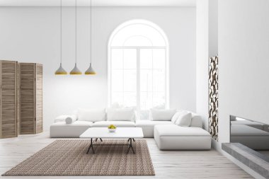 Modern oturma odası beyaz duvarlar, ahşap zemin, kemerli pencere ve sehpa ve şömine yakın beyaz kanepe ile iç. 3D render