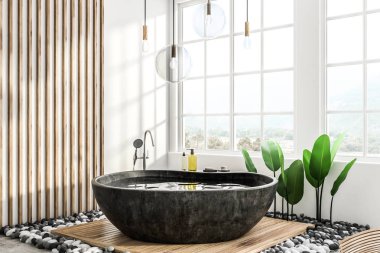 Modern banyo beyaz ve ahşap duvarlar, beton zemin, geniş pencere ve siyah yuvarlak küvet köşesinde. 3D render