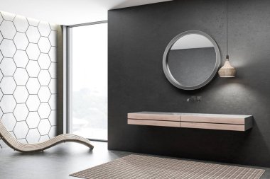 Siyah ve gri petek desen duvarlar, beton zemin ve ahşap tezgah üzerinde duran beyaz çift banyo lavabo banyo köşesinde. Yuvarlak ayna ve ahşap tekli. 3D render