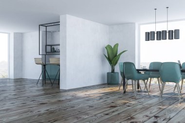 Modern yemek odası beyaz duvarlar, ahşap zemin, panoramik pencere ve yeşil sandalye ile siyah tablo ile köşesinde. 3D render