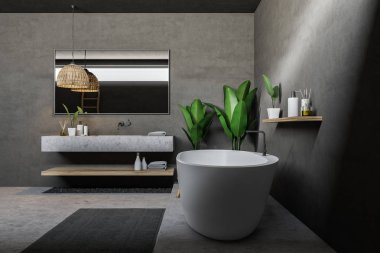 Gri banyo beton zemin, beyaz küvet, uzun gri Lavabonun üstündeki yatay ayna ile yan görünüm. 3D render