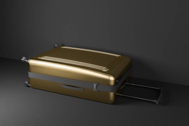 Altın bavul ile siyah duvar odadaki siyah zemin üzerinde yalan. Turizm ve seyahat kavramı. 3D render