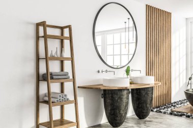 Modern banyo beyaz ve ahşap duvarlar, beton zemin ve iki yan görünüm yuvarlak ahşap raf havlu rafları yanında duran lavabolar. 3D render