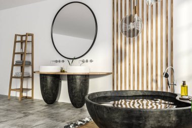 Modern banyo beyaz ve ahşap duvarlar, beton zemin, siyah yuvarlak küvet ve ahşap raf havlu rafları yanında duran iki yuvarlak lavabo köşesinde. 3D render