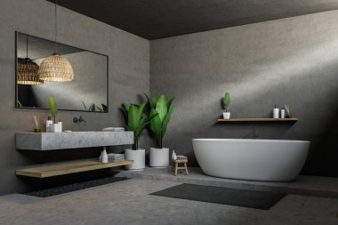 Gri banyo köşesi ile beton zemin, beyaz küvet, uzun gri Lavabonun üstündeki yatay ayna ile. 3D render