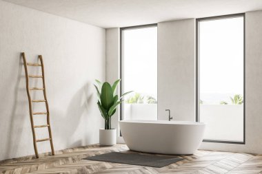 Modern banyo beyaz duvarlar, ahşap zemin, çatı windows ve yakınında bir halı ve bir merdiven duvarın yanında beyaz banyo küvetinde köşesinde. 3D render