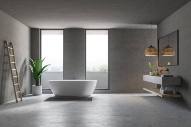 Modern banyo iç Gri duvarlar, beton zemin, çatı windows, beyaz küvet ve mermer çift lavabo. 3D render