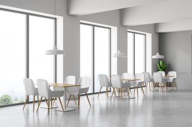 Gri ve beyaz duvarlar, beton zemin, çatı windows ve beyaz sandalyeleri ahşap masa ayakta modern kafe köşesinde. 3D render