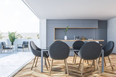 Modern mutfak Gri duvarlar, ahşap zemin, fırın ve lavabo, siyah masa sandalye ve balkonlu gri koltuklar ile gri mutfak tezgahı ile iç. 3D render