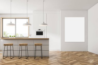 İç beyaz duvarlar, ahşap zemin, küçük bir pencere ile modern mutfak aletleri, bar tabureleri ile ve bir fırın beyaz mutfak tezgahı ile inşa. Dikey poster 3d render kadar sahte