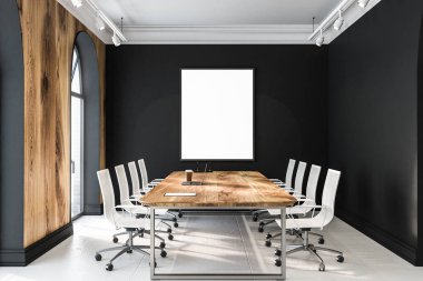 Modern ofis siyah duvarlı, kiremitli kat, oda iç uzun ahşap masa beyaz sandalye ve dikey poster ile Toplantı. 3D render alay