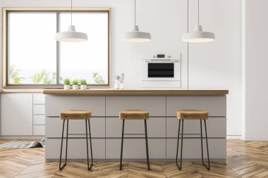 Modern mutfak beyaz duvarlar, ahşap zemin, küçük bir pencere, bir fırın inşa tekniği, bar tabureleri ile ile beyaz mutfak tezgahı ile kapatın. 3D render