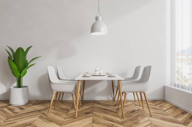 Beyaz duvarları, ahşap zemin ve beyaz ile modern restoran iç ve ahşap tablolar ayakta beyaz ve ahşap sandalyeleri yakınındaki. 3D render