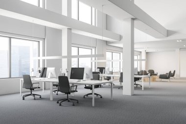 Sanayi tarzı ofis iç beyaz duvarlar, zemin halı, Bilgisayar masaları ve lounge alanı gri koltuklar ve sehpa ile birlikte. 3D render