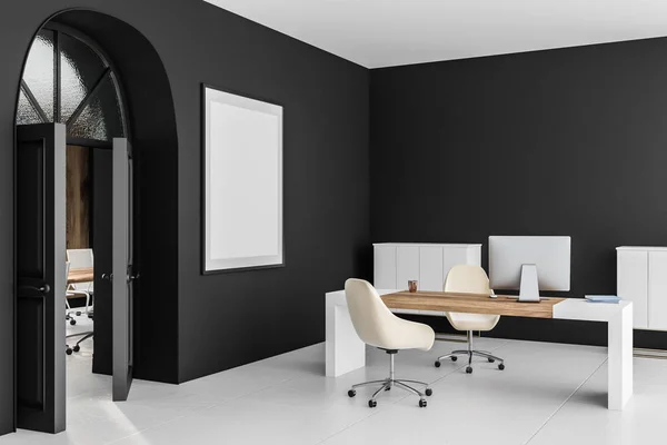 Interior of manager office with black walls, white floor, white and wooden computer table with white chairs and a door to the next room. Vertical poster on the wall. 3d rendering mock up