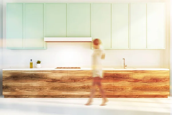 Woman Modern Kitchen Interior White Walls Floor Wooden Countertops Built — Stock Photo, Image