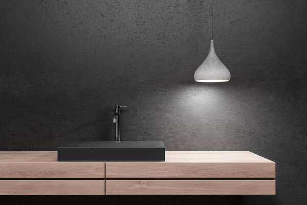 Закрыть черную раковину ванной, стоящую на деревянной столешнице в комнате с черными стенами и стильной потолочной накладкой. 3d-рендеринг
