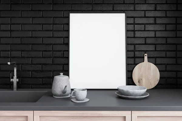 Encimera Cocina Gris Madera Con Fregadero Tetera Taza Platos Póster — Foto de Stock