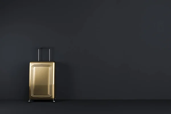 Gold suitcase standing in black room. Concept of tourism and travelling. 3d rendering mock up