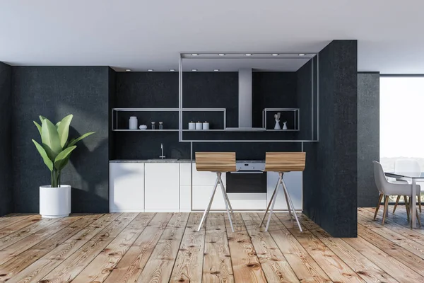 Cozinha Moderna Sala Jantar Interior Com Paredes Pretas Piso Madeira — Fotografia de Stock