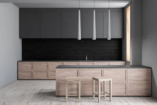 Interior Dari Dapur Modern Dengan Dinding Bata Putih Dan Hitam — Stok Foto