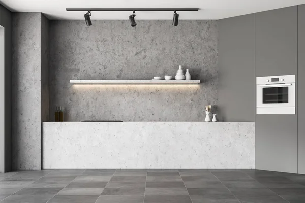 Interieur Van Moderne Keuken Met Betonnen Muren Betegelde Vloer Grijze — Stockfoto