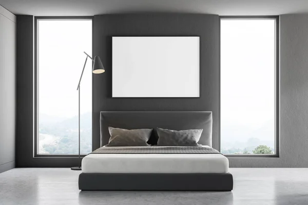 Interieur Eines Modernen Schlafzimmers Mit Grauen Wänden Betonboden Doppelbett Das — Stockfoto