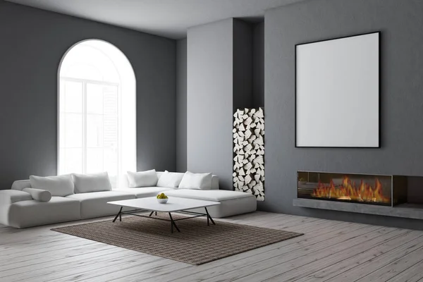 Corner Modern Living Room Gray Walls Wooden Floor Arched Window — Stock Photo, Image