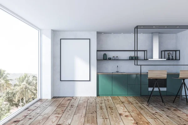 Interieur Van Moderne Keuken Met Witte Muren Houten Vloer Een — Stockfoto