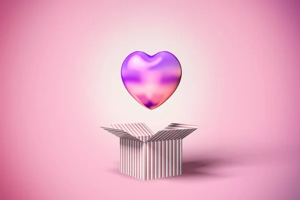 Ροζ Καρδιά Σχήμα Μπαλονιού Που Φέρουν Έξω Από Κουτί Ριγέ — Φωτογραφία Αρχείου