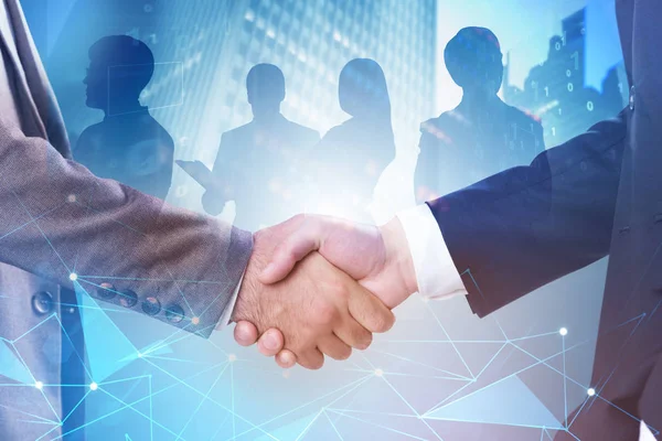 Two Unrecognizable Businessmen Shaking Hands Business Team Members Silhouettes City — Stock Photo, Image