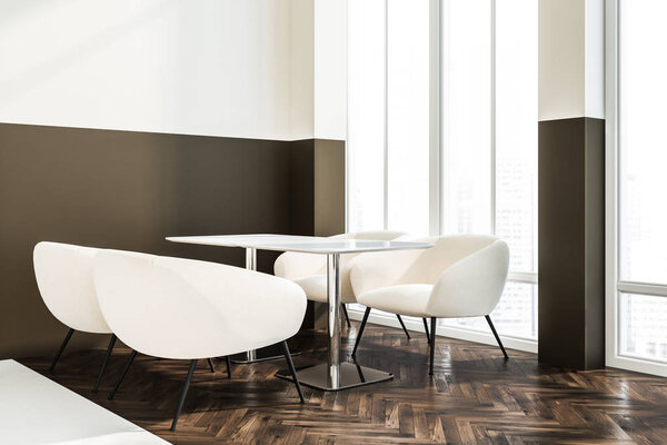 White cafe table and white armchairs standing in modern cafe corner with brown and white walls and dark wooden floor. 3d rendering