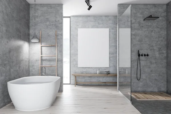 Interior Kamar Mandi Modern Dengan Dinding Beton Lantai Kayu Shower — Stok Foto