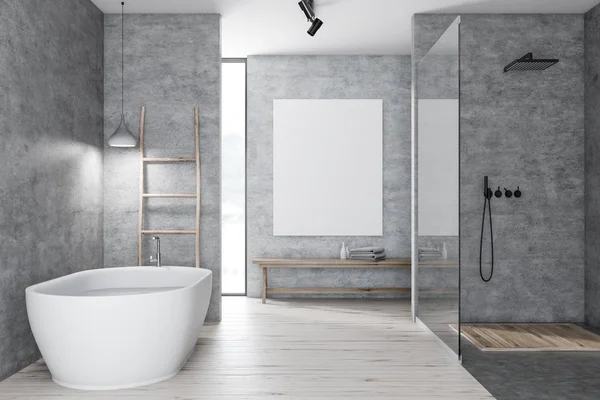 Interieur Eines Modernen Badezimmers Mit Betonwänden Holzboden Dusche Mit Glaswand — Stockfoto