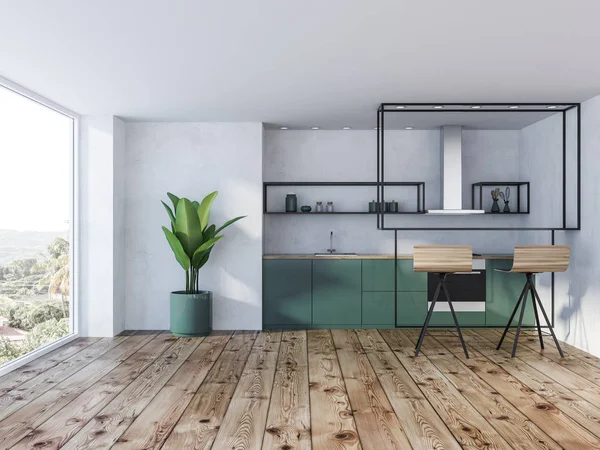 Interior Cozinha Moderna Com Paredes Brancas Piso Madeira Janela Panorâmica — Fotografia de Stock