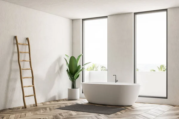 现代浴室的角落 有白色的墙壁 木地板 阁楼窗户和白色浴缸 它的地毯和一个梯子附近的墙壁 — 图库照片