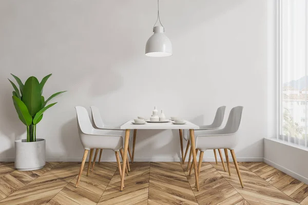 Interieur Eines Modernen Restaurants Mit Weißen Wänden Holzboden Und Weißen — Stockfoto