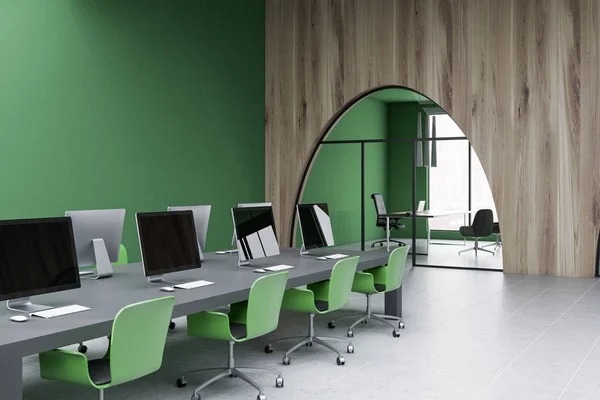 Open Space Office Corner Green Wooden Walls Tiled Floor Long — Stock Photo, Image