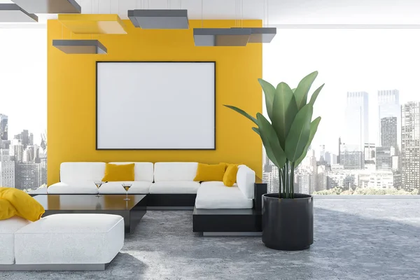Interior of modern living room with yellow walls, concrete floor, panoramic windows and white sofa standing near black coffee table with a potted plant. Horizontal banner. 3d rendering mock up